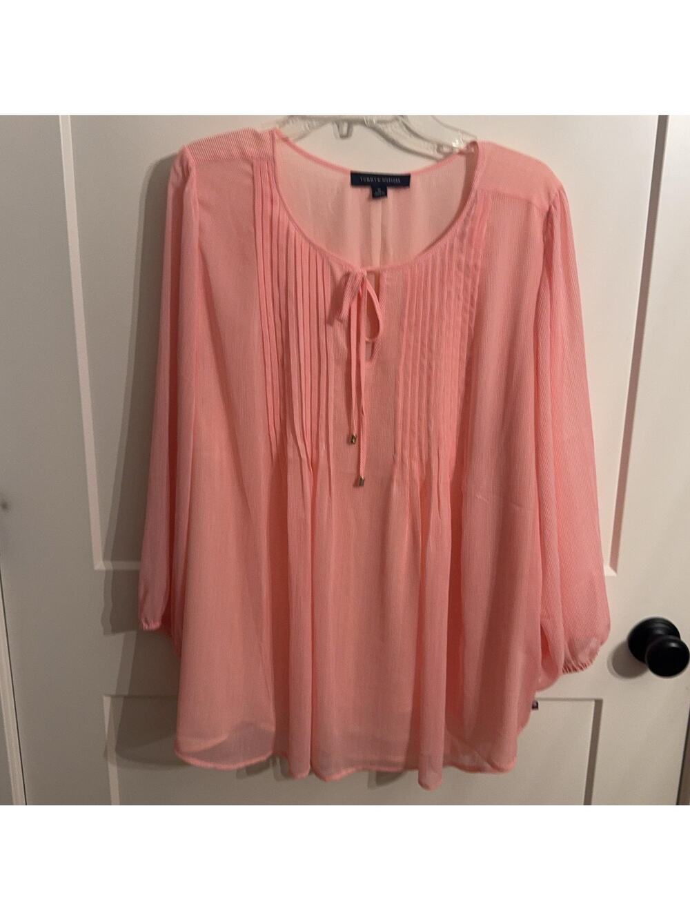 Tommy Hilfiger Tunic Blouse 1X Pink Stripe Pleated Boho Sheer Light Academia